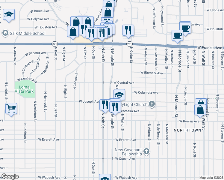 map of restaurants, bars, coffee shops, grocery stores, and more near 5714 North Maple Street in Spokane