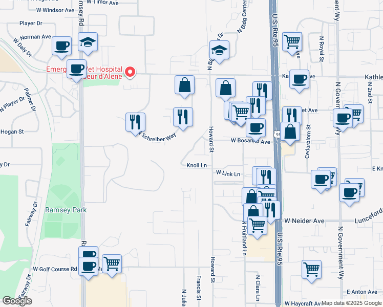 map of restaurants, bars, coffee shops, grocery stores, and more near 4390 Meadow Ranch Avenue in Coeur d'Alene