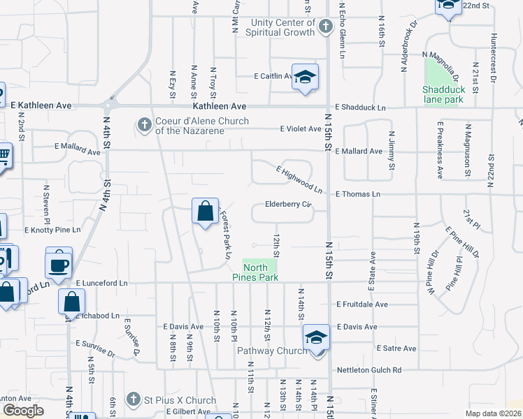 map of restaurants, bars, coffee shops, grocery stores, and more near 1250 Elderberry Circle in Coeur d'Alene