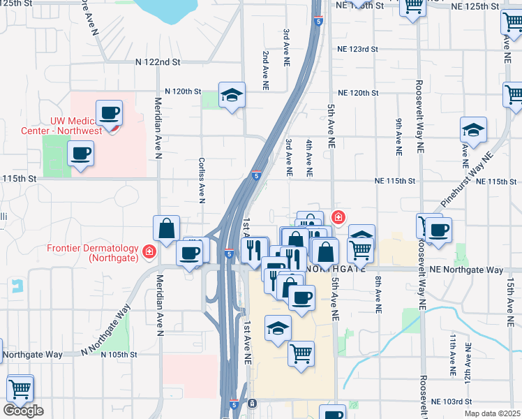 map of restaurants, bars, coffee shops, grocery stores, and more near 11300 1st Avenue Northeast in Seattle