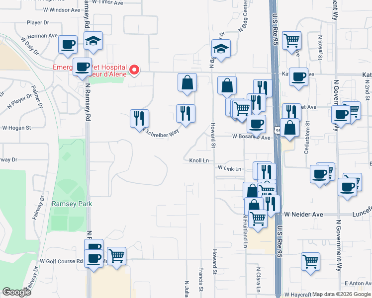 map of restaurants, bars, coffee shops, grocery stores, and more near 4377 North Meadow Ranch Avenue in Coeur d'Alene