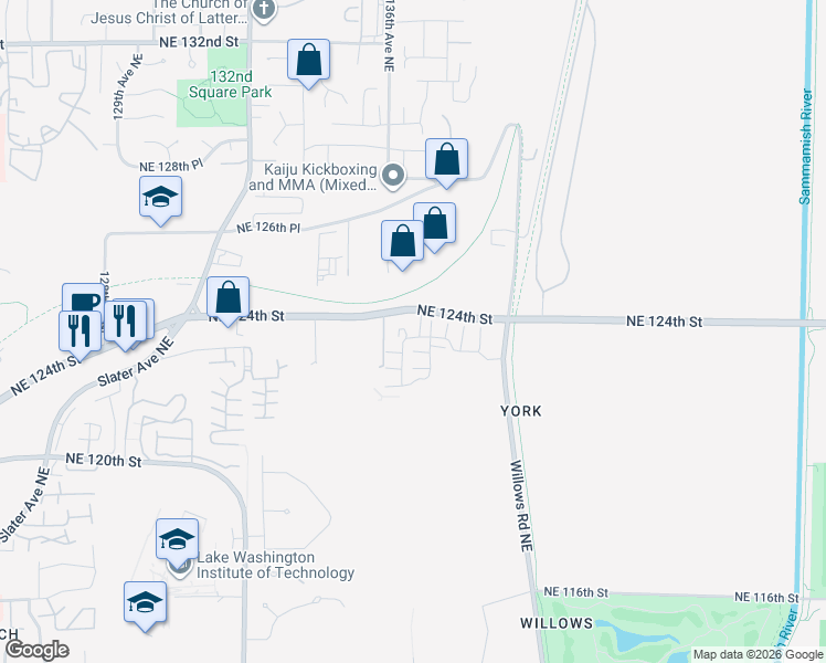 map of restaurants, bars, coffee shops, grocery stores, and more near 12377 137th Place Northeast in Redmond