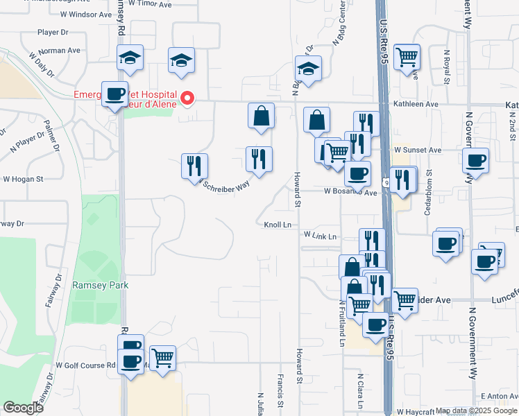 map of restaurants, bars, coffee shops, grocery stores, and more near 4377 North Meadow Ranch Avenue in Coeur d'Alene