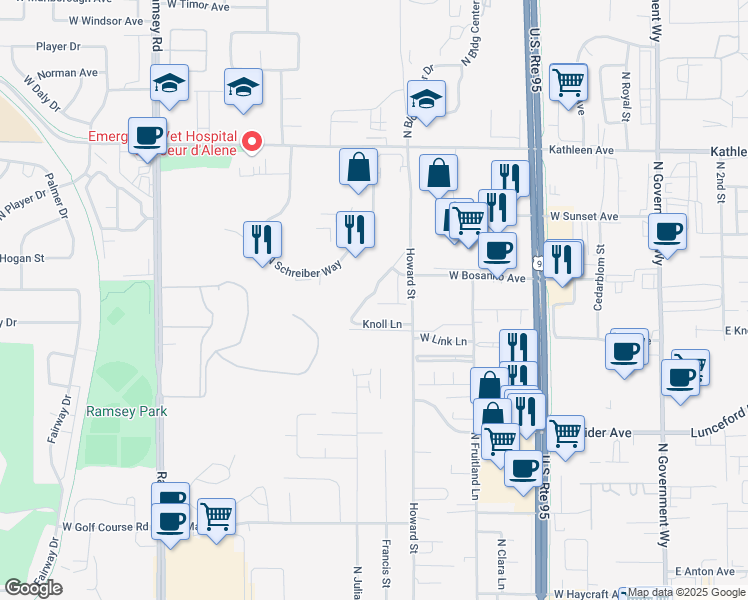 map of restaurants, bars, coffee shops, grocery stores, and more near 4392 Meadowranch Avenue in Coeur d'Alene