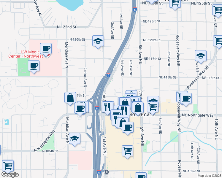 map of restaurants, bars, coffee shops, grocery stores, and more near 11210 1st Avenue Northeast in Seattle