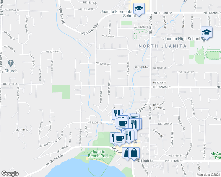 map of restaurants, bars, coffee shops, grocery stores, and more near 12246 95th Place Northeast in Kirkland