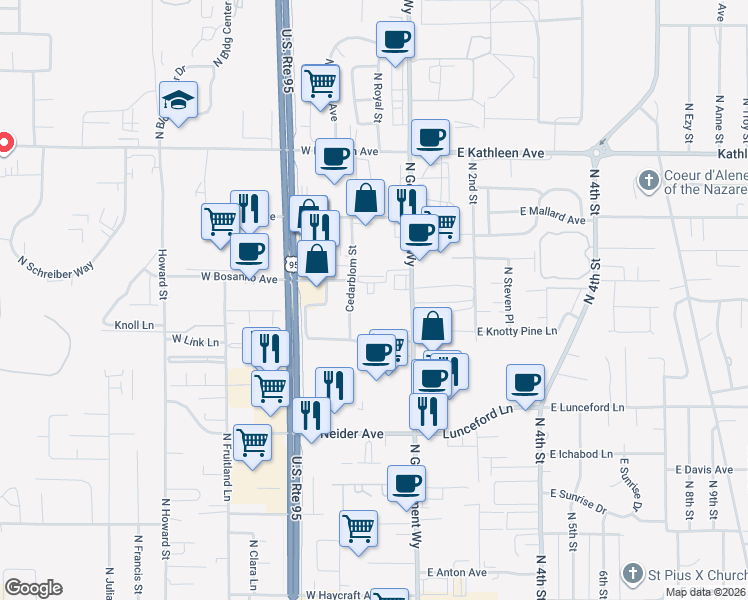 map of restaurants, bars, coffee shops, grocery stores, and more near 3621 North Government Way in Coeur d'Alene