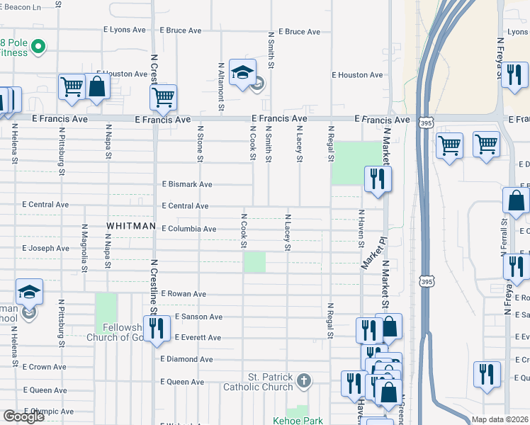 map of restaurants, bars, coffee shops, grocery stores, and more near 2603 East Columbia Avenue in Spokane