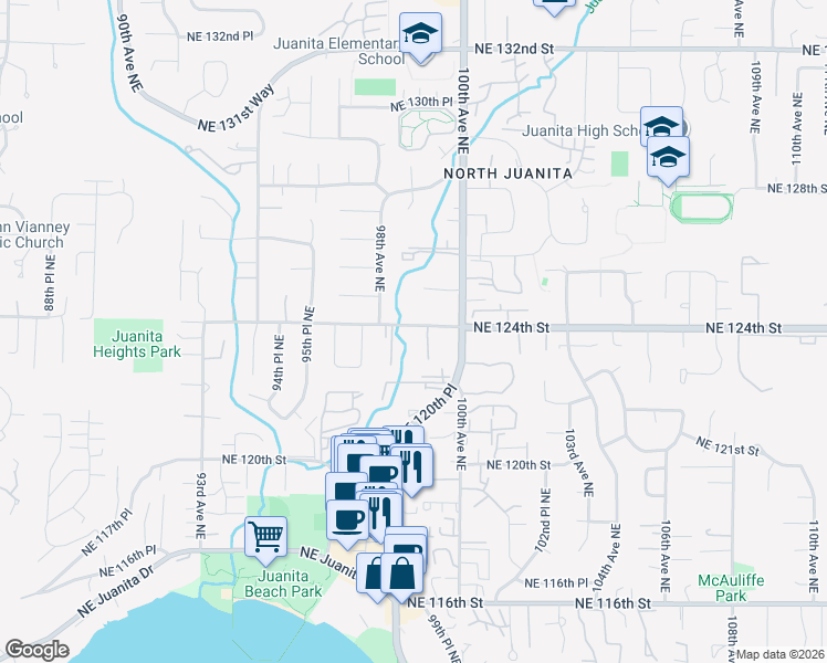 map of restaurants, bars, coffee shops, grocery stores, and more near 9907 Northeast 124th Street in Kirkland