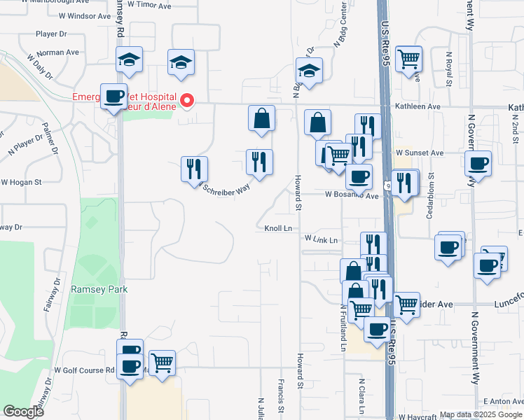 map of restaurants, bars, coffee shops, grocery stores, and more near 4383 Meadow Ranch Avenue in Coeur d'Alene