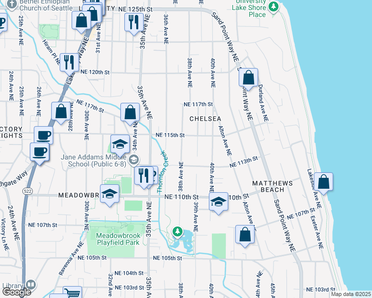 map of restaurants, bars, coffee shops, grocery stores, and more near 11332 38th Avenue Northeast in Seattle
