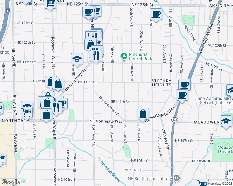 map of restaurants, bars, coffee shops, grocery stores, and more near 11305 17th Avenue Northeast in Seattle