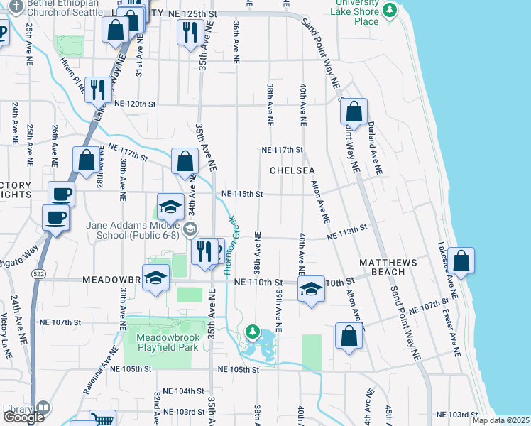 map of restaurants, bars, coffee shops, grocery stores, and more near 11332 38th Avenue Northeast in Seattle