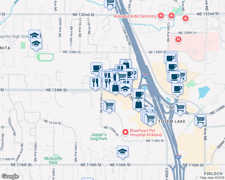 map of restaurants, bars, coffee shops, grocery stores, and more near 11411 Northeast 124th Street in Kirkland