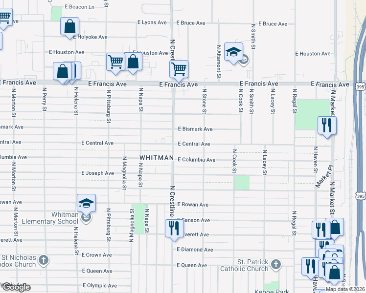 map of restaurants, bars, coffee shops, grocery stores, and more near 2115 East Columbia Avenue in Spokane