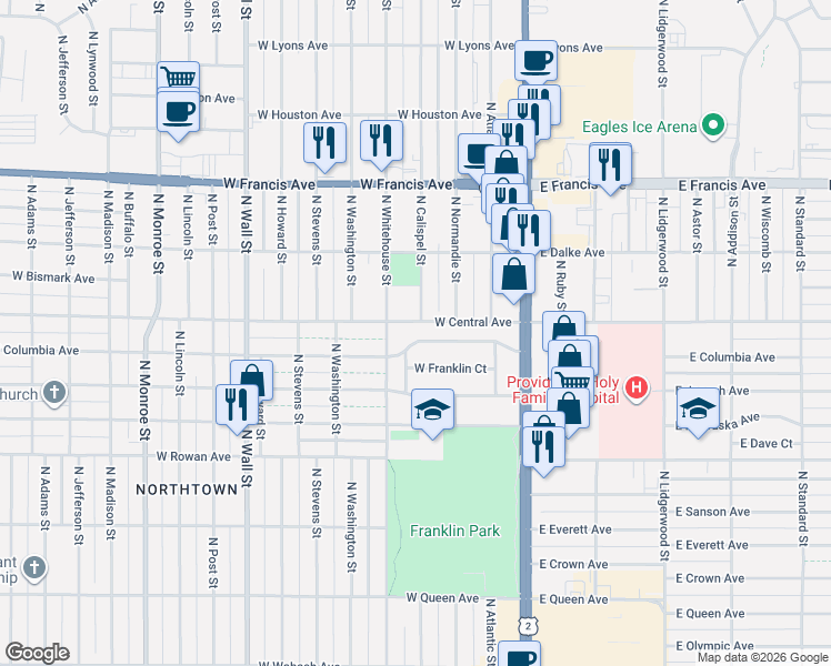 map of restaurants, bars, coffee shops, grocery stores, and more near 234 West Franklin Court in Spokane