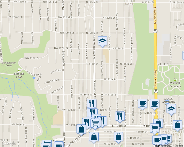 map of restaurants, bars, coffee shops, grocery stores, and more near 11056 Palatine Avenue North in Seattle