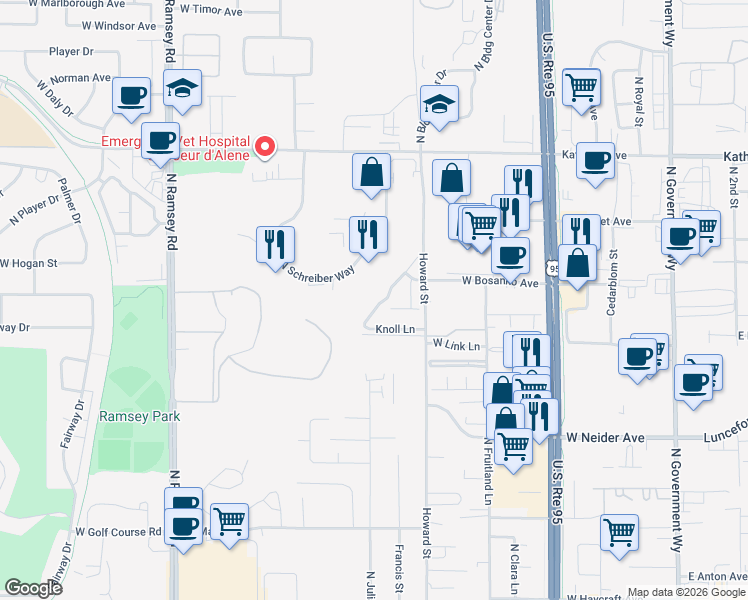 map of restaurants, bars, coffee shops, grocery stores, and more near 4387 North Meadow Ranch Avenue in Coeur d'Alene