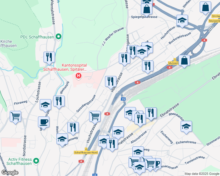 map of restaurants, bars, coffee shops, grocery stores, and more near 201 Hochstrasse in Schaffhausen