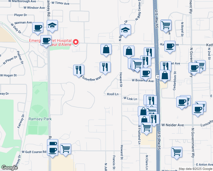 map of restaurants, bars, coffee shops, grocery stores, and more near 4387 North Meadow Ranch Avenue in Coeur d'Alene