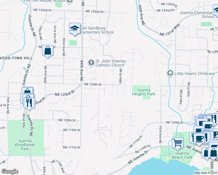 map of restaurants, bars, coffee shops, grocery stores, and more near 8635 Northeast 124th Street in Kirkland