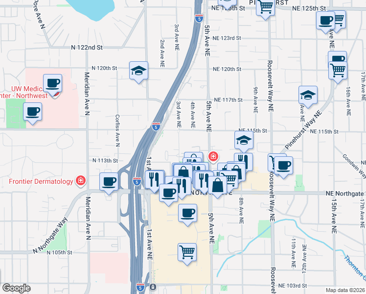 map of restaurants, bars, coffee shops, grocery stores, and more near 11326 3rd Avenue Northeast in Seattle