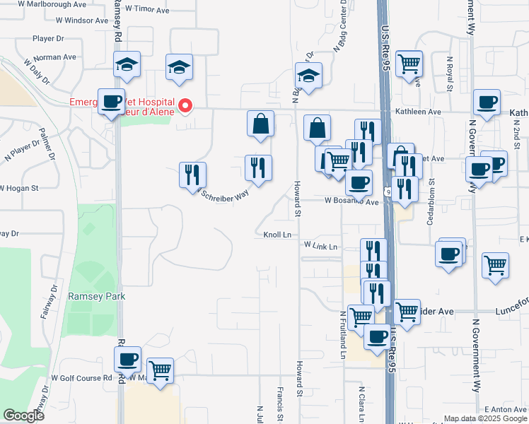 map of restaurants, bars, coffee shops, grocery stores, and more near 4393 Meadow Ranch Avenue in Coeur d'Alene