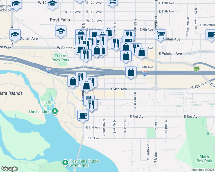 map of restaurants, bars, coffee shops, grocery stores, and more near 310 East 5th Avenue in Post Falls