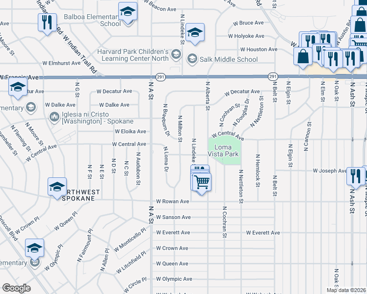 map of restaurants, bars, coffee shops, grocery stores, and more near 5908 North Milton Street in Spokane