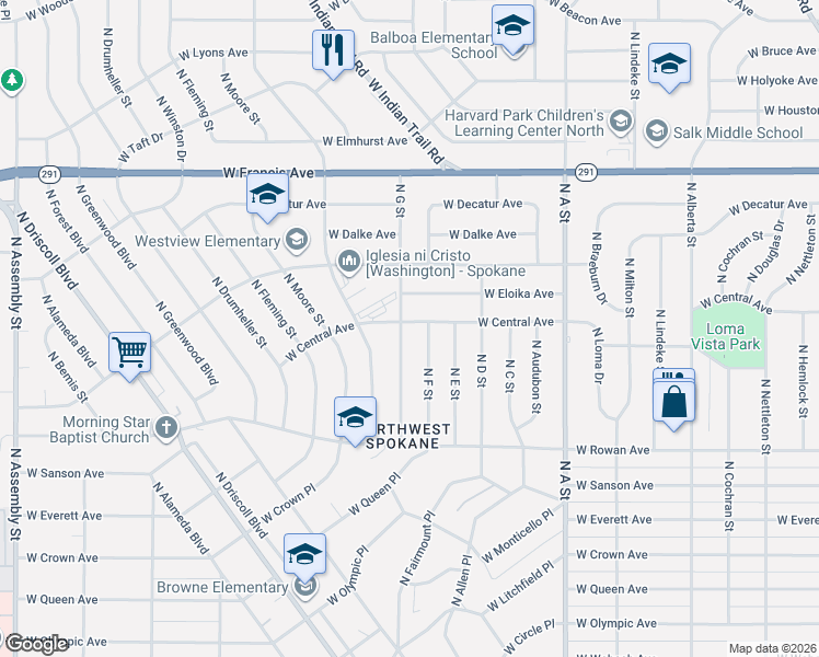 map of restaurants, bars, coffee shops, grocery stores, and more near 3221 West Eloika Avenue in Spokane