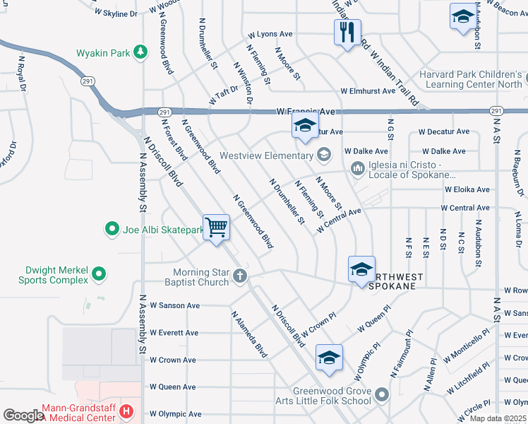 map of restaurants, bars, coffee shops, grocery stores, and more near 5802 North Sutherlin Street in Spokane