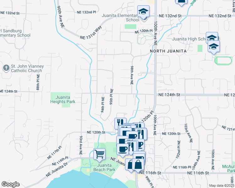 map of restaurants, bars, coffee shops, grocery stores, and more near 9755 Northeast 124th Place in Kirkland