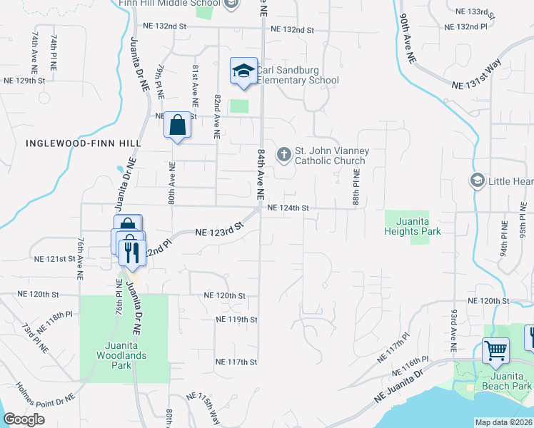 map of restaurants, bars, coffee shops, grocery stores, and more near 8410 Northeast 124th Street in Kirkland