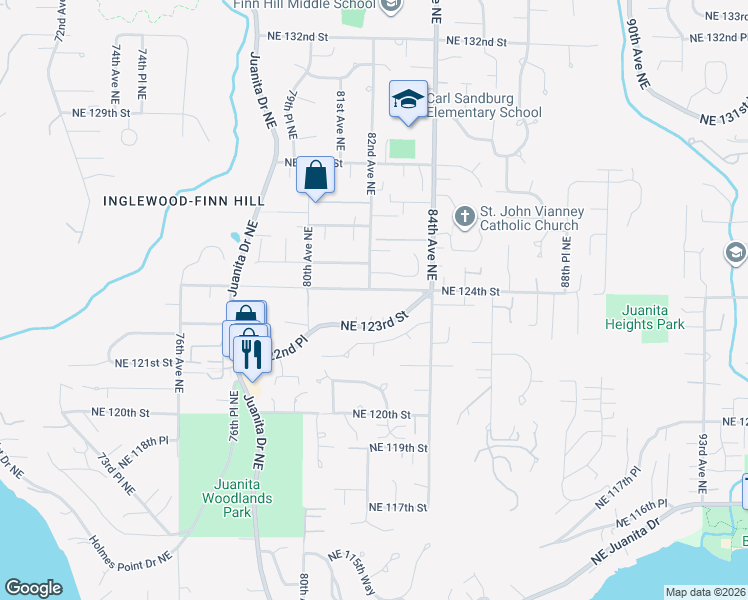 map of restaurants, bars, coffee shops, grocery stores, and more near 8202 Northeast 124th Place in Kirkland