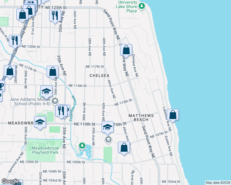 map of restaurants, bars, coffee shops, grocery stores, and more near 4105 Northeast 115th Street in Seattle