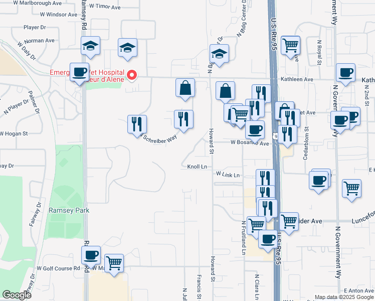 map of restaurants, bars, coffee shops, grocery stores, and more near 4393 Meadow Ranch Avenue in Coeur d'Alene