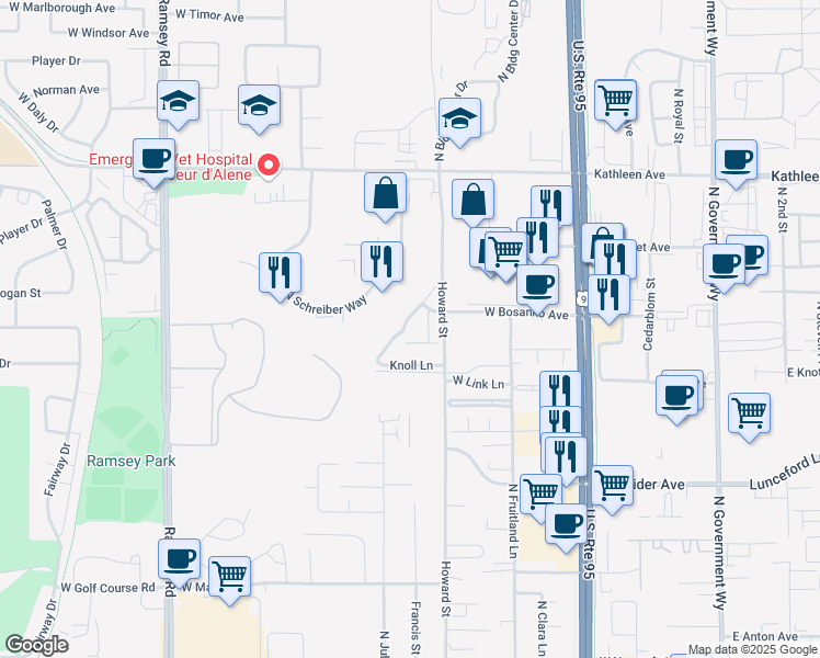 map of restaurants, bars, coffee shops, grocery stores, and more near 4408 North Meadow Ranch Avenue in Coeur d'Alene