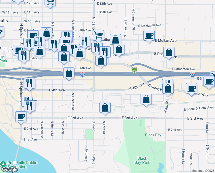 map of restaurants, bars, coffee shops, grocery stores, and more near 949 East 4th Avenue in Post Falls