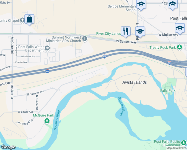 map of restaurants, bars, coffee shops, grocery stores, and more near 1467 West Iron Horse Circle in Post Falls