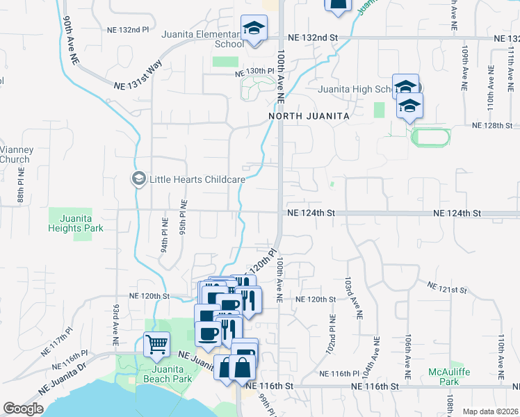 map of restaurants, bars, coffee shops, grocery stores, and more near 9900 Northeast 124th Street in Kirkland