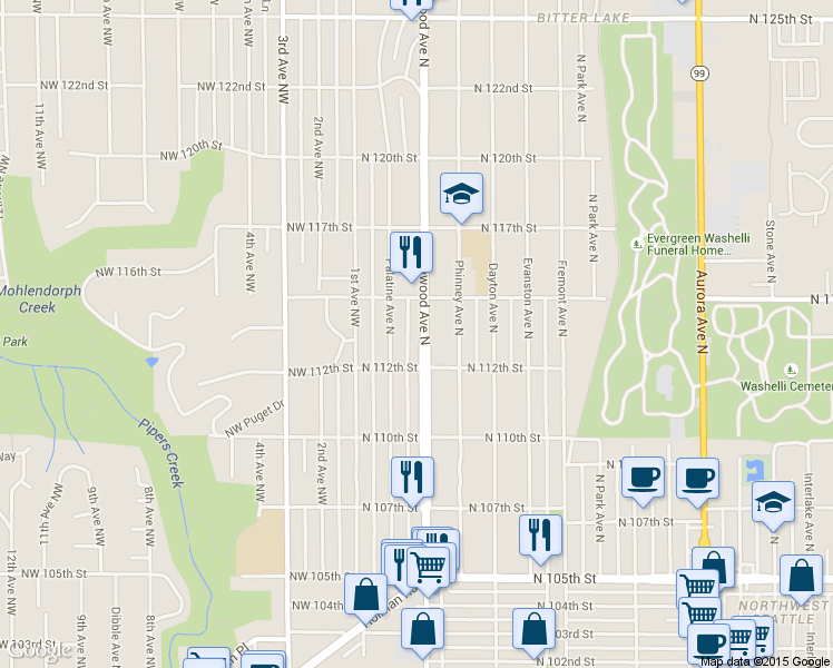 map of restaurants, bars, coffee shops, grocery stores, and more near 11250 Palatine Avenue North in Seattle