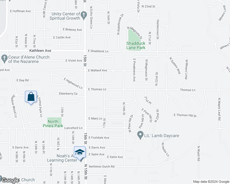 map of restaurants, bars, coffee shops, grocery stores, and more near 1820 East Thomas Lane in Coeur d'Alene