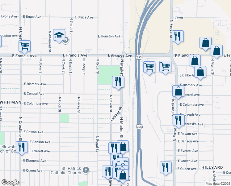 map of restaurants, bars, coffee shops, grocery stores, and more near 3015 East Central Avenue in Spokane