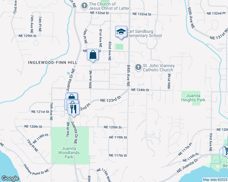 map of restaurants, bars, coffee shops, grocery stores, and more near 8211 Northeast 124th Street in Kirkland