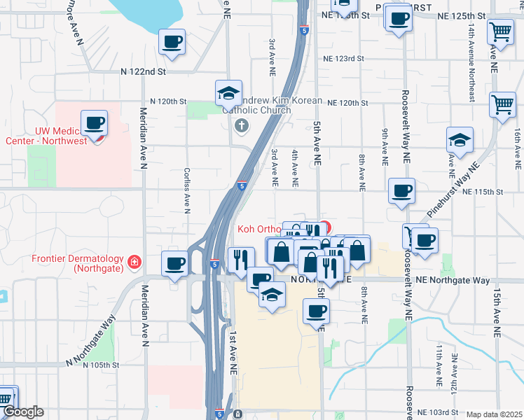 map of restaurants, bars, coffee shops, grocery stores, and more near 11355 3rd Avenue Northeast in Seattle