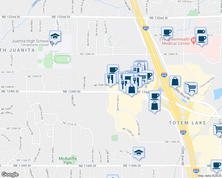 map of restaurants, bars, coffee shops, grocery stores, and more near 11220 Northeast 124th Street in Kirkland