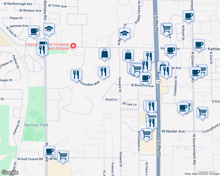 map of restaurants, bars, coffee shops, grocery stores, and more near Meadow Ranch Avenue in Coeur d'Alene