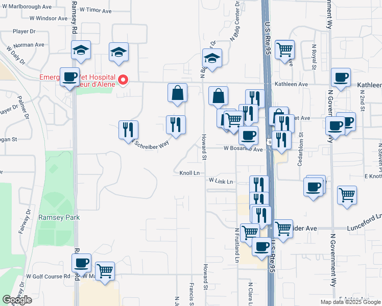map of restaurants, bars, coffee shops, grocery stores, and more near 4416 Meadowranch Avenue in Coeur d'Alene