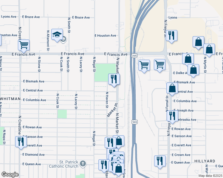 map of restaurants, bars, coffee shops, grocery stores, and more near 5921 North Market Street in Spokane