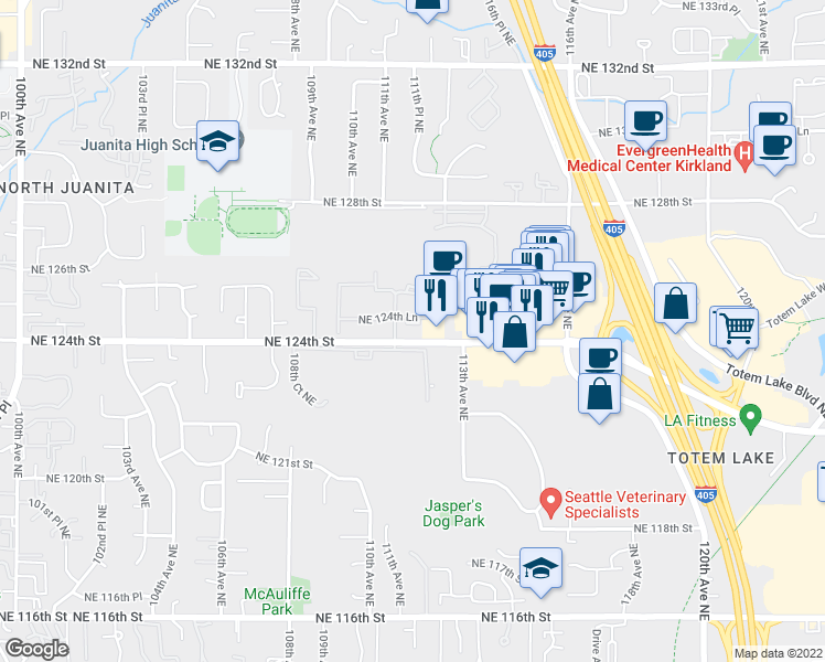 map of restaurants, bars, coffee shops, grocery stores, and more near 12429 111th Lane Northeast in Kirkland